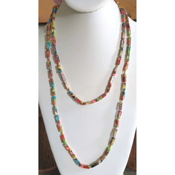 Rainbow Sea Sediment Jasper Gold Tone Beaded Individually Knotted Long Necklace - Picture 1 of 4